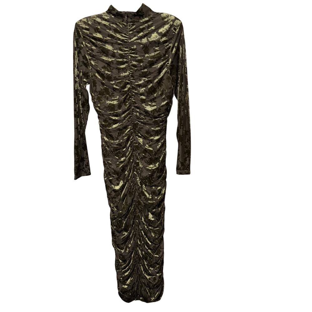 Belle Badgley Mischka Kendall Olive Velvet Burnout Ruched Midi Dress NWT Size 10 - Picture 6 of 9